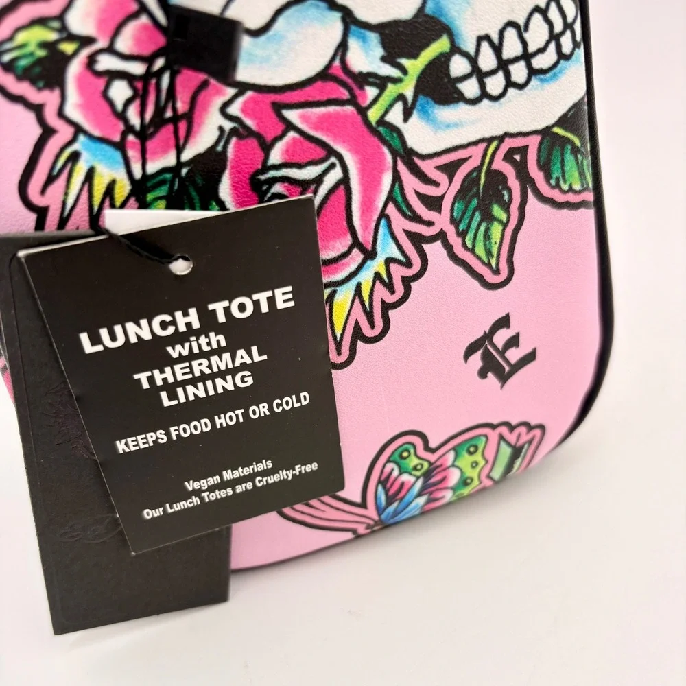 Ed Hardy‎ Pink Skull Roses Butterflies Lunch Tote Insulated Thermal Lining